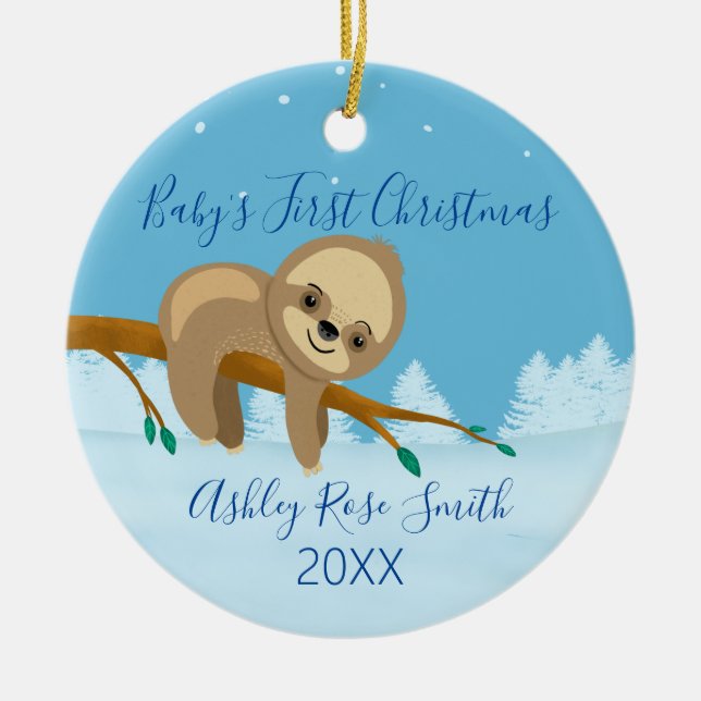 Baby's first Christmas cute sloth winter Ceramic Ornament (Front)