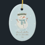 Baby's First Christmas Cute Snowman and Snowflake Ceramic Ornament<br><div class="desc">🎄 Check out our heartwarming Christmas ornament design,  beautifully highlighting a hand-painted watercolor snowman amidst a dance of gentle snowflakes. ❄️⛄🌟</div>