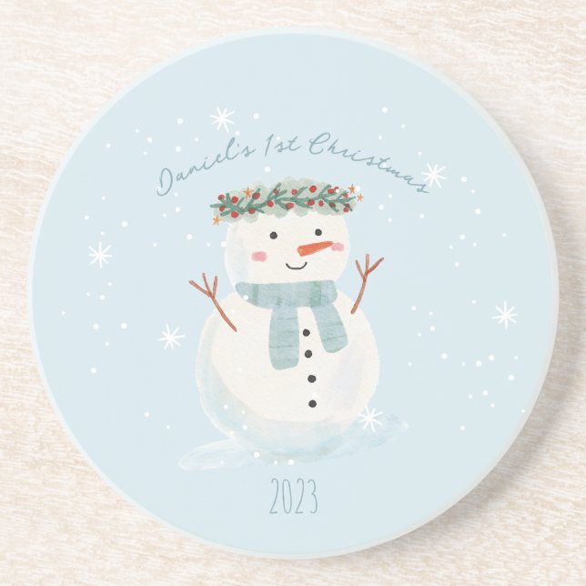 Baby's First Christmas Cute Snowman and Snowflake Coaster (Front)