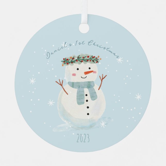 Baby's First Christmas Cute Snowman and Snowflake Metal Tree Decoration (Front)
