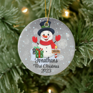 Baby's First Christmas cute snowman black hat  Ceramic Ornament