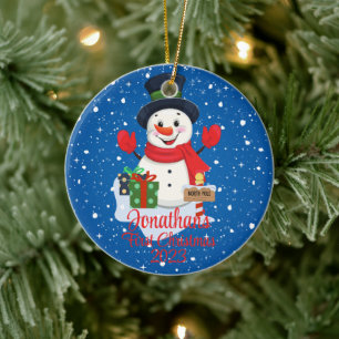 Baby's First Christmas cute snowman black hat Ceramic Ornament
