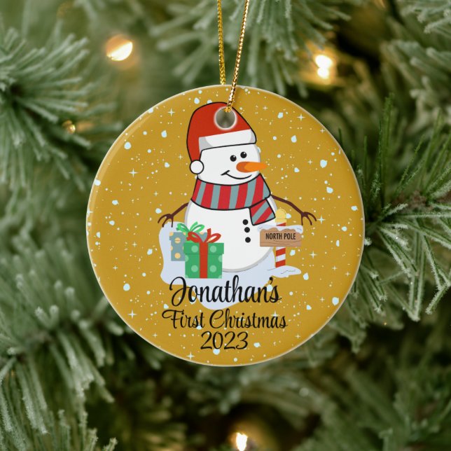 Baby's First Christmas cute snowman modern colour Ceramic Ornament (Tree)