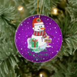 Baby's First Christmas cute snowman modern colour Ceramic Ornament<br><div class="desc">A whimsical Christmas tree ornament featuring an adorable snowman surrounded by delicate snowflakes. Customise it with your child's name and the year for a personalised touch that captures the joy of the season.
Use the "Personalise" button to customise to your liking.</div>