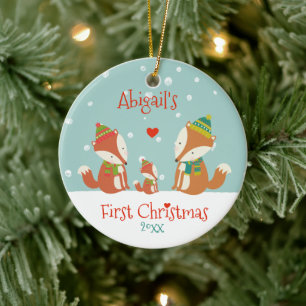 Baby's First Christmas -  Cute Woodland Foxes Ceramic Ornament