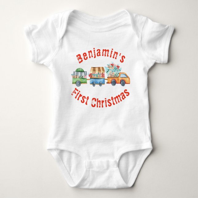 Baby's First Christmas Cute Xmas Truck  Baby Bodysuit (Front)