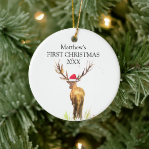 Baby's First Christmas Deer Watercolor Forest Boy Ceramic Ornament