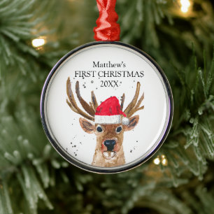 Baby's First Christmas Deer Watercolor Forest Boy Metal Ornament