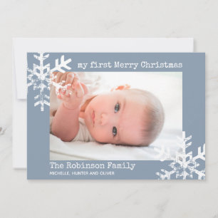 Baby's First Christmas Dusty Blue Photo Snowflakes Holiday Card