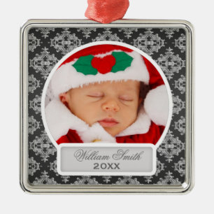 Baby's First Christmas Elegant Damask Black Metal Ornament