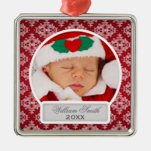 Baby's First Christmas Elegant Damask Red Metal Ornament