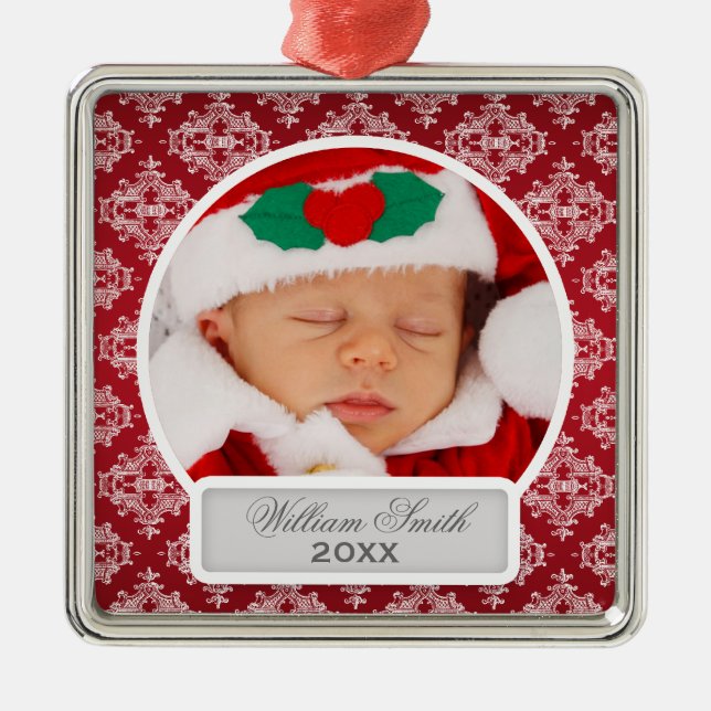 Baby's First Christmas Elegant Damask Red Metal Ornament (Front)