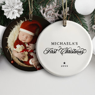 Baby's First Christmas Elegant Script Photo Ceramic Ornament