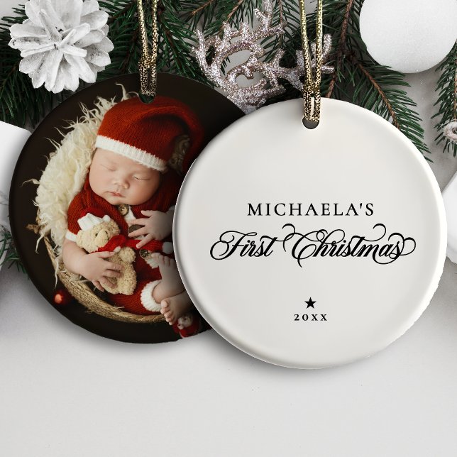 Baby's First Christmas Elegant Script Photo Ceramic Ornament (Creator Uploaded)