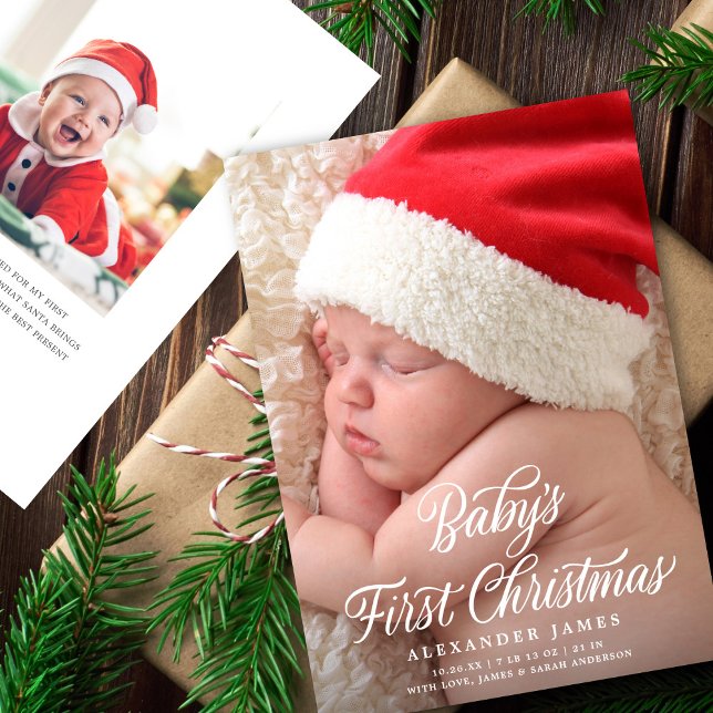 Baby's First Christmas Elegant Script Two Photo Holiday Card (Creator Uploaded)