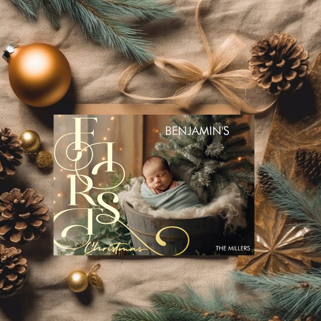 Baby's First Christmas Elegant Typography 1 Photo Foil Holiday Card (Baby's First Christmas Elegant Typography 1 Photo Foil Holiday Card)