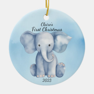 Baby's First Christmas Elephant Blue Personalised Ceramic Ornament