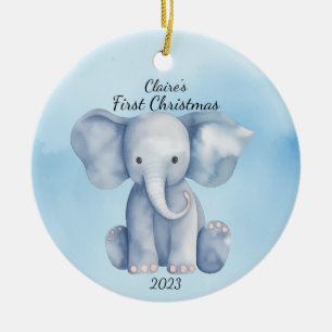 Baby's First Christmas Elephant Blue Personalized Ceramic Ornament
