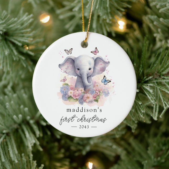 Baby's First Christmas Elephant Calligraphy Ceramic Ornament (Tree)