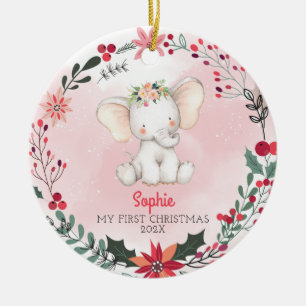 Baby's First Christmas Elephant  Girl With Name Ceramic Ornament