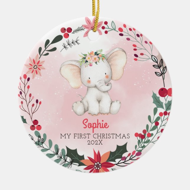 Baby's First Christmas Elephant  Girl With Name Ceramic Ornament (Front)
