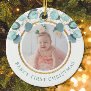 Baby's First Christmas Eucalyptus Photo Ceramic Ornament