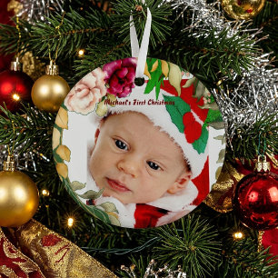 Baby's First Christmas Floral Wreath Custom Photo Glass Tree Decoration