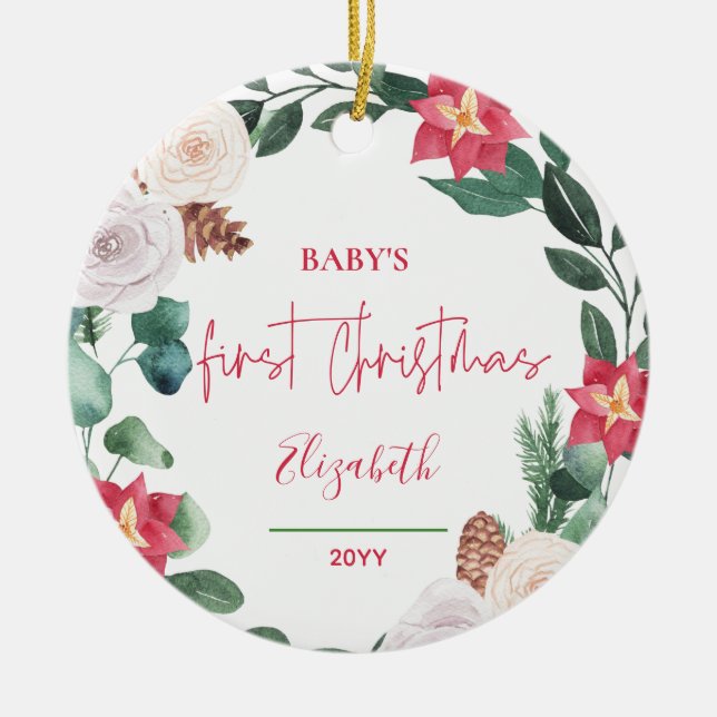 Baby's First Christmas Floral Wreath Holiday Photo Ceramic Ornament (Front)