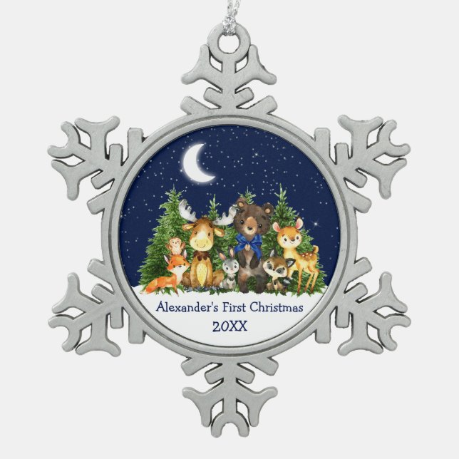 Baby's First Christmas Forest Animals Blue Bow Snowflake Pewter Christmas Ornament (Front)
