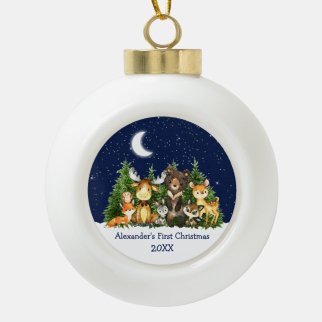 Baby's First Christmas Forest Animals Blue Ceramic Ball Christmas Ornament (Front)