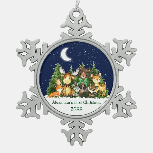 Baby's First Christmas Forest Animals Green Bow Snowflake Pewter Christmas Ornament (Front)