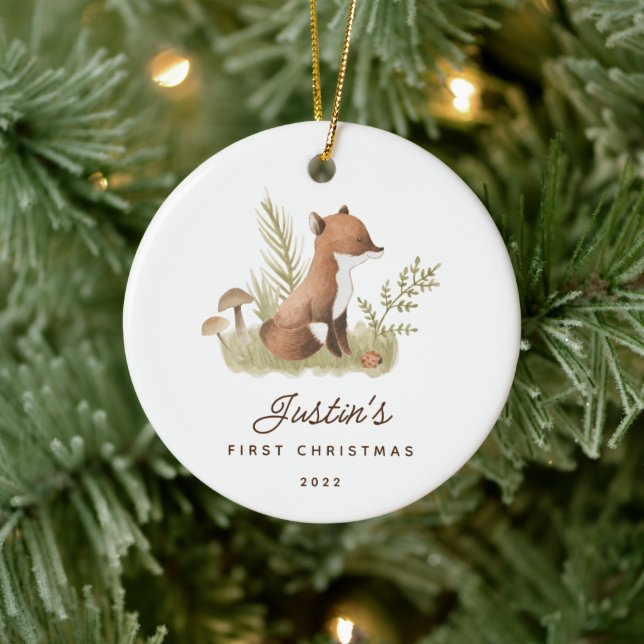 Baby's First Christmas Fox 2 Sided Photo Ceramic Ornament (Tree)