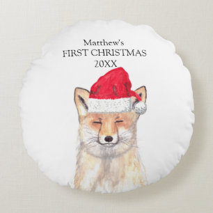 Baby's First Christmas Fox Watercolor Forest Boy Round Cushion