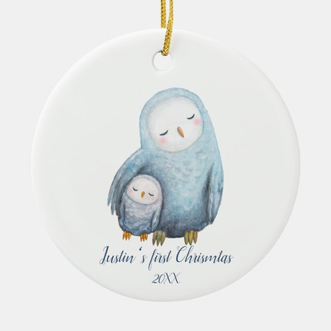 Baby's first Christmas gift Snowy Owl mum baby Ceramic Ornament (Front)