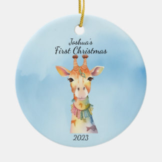 Baby's First Christmas Giraffe Blue Personalised Ceramic Ornament
