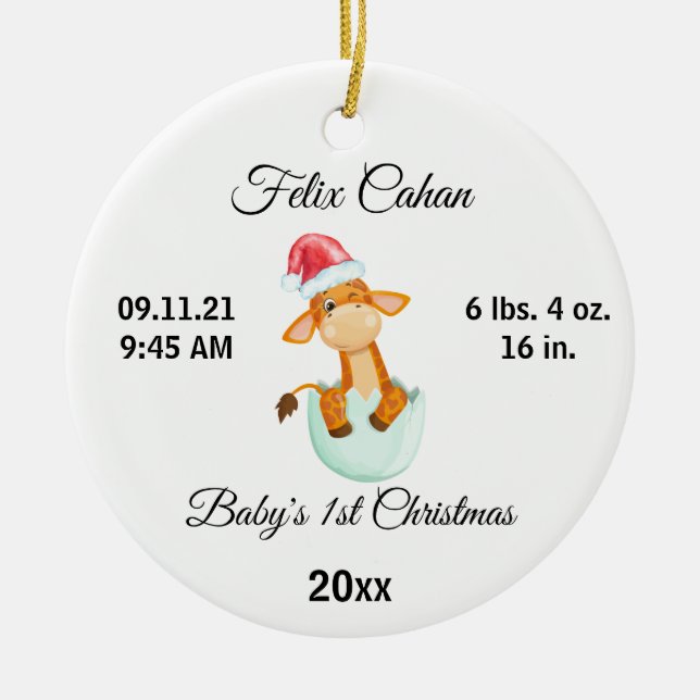 Baby's First Christmas Giraffe, Custom Birth Stats Ceramic Ornament (Front)