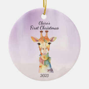 Baby's First Christmas Giraffe Purple Personalised Ceramic Ornament