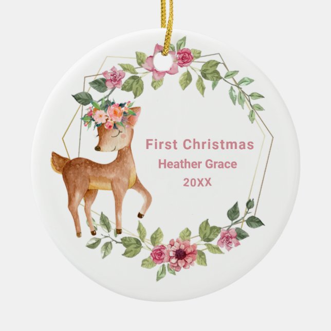 Babys First Christmas Girls Deer  Personalised Ceramic Ornament (Front)