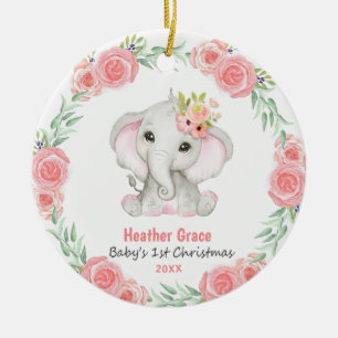 Babys First Christmas Girls Elephant Personalised Ceramic Ornament