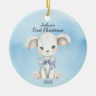 Baby's First Christmas Goat Blue Personalised Ceramic Ornament
