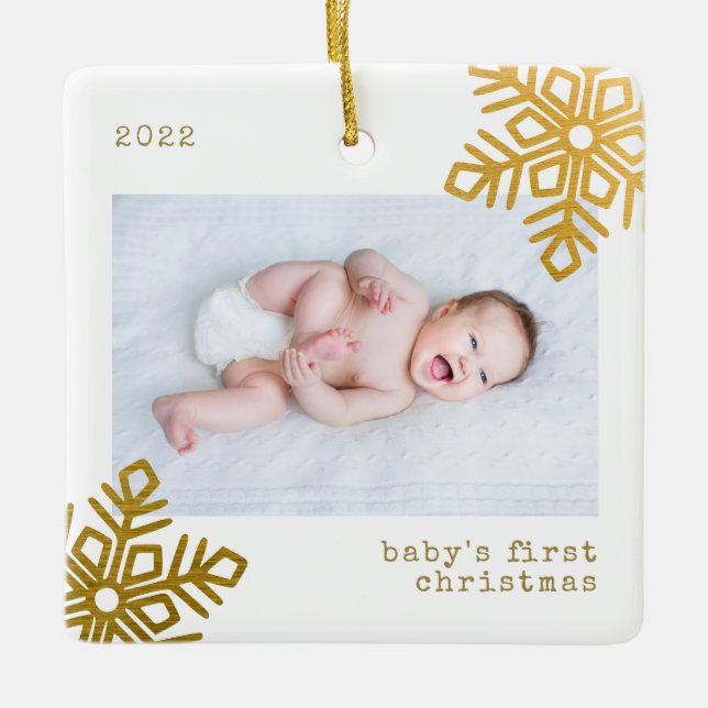  Baby's First Christmas Gold Foil Snowflake Photo Ceramic Ornament (Front)