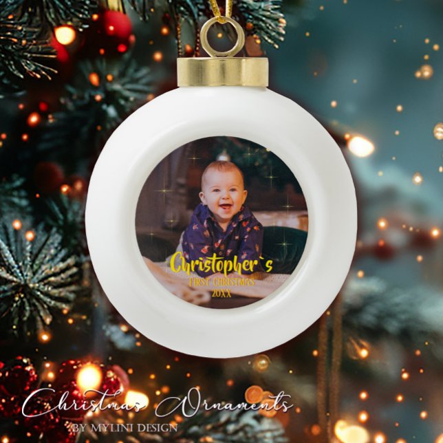 Babys First Christmas Gold Sparkle Stars Photo Ceramic Ball Christmas Ornament (Creator Uploaded)