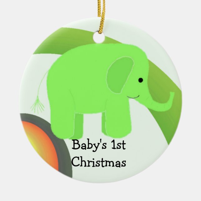 Baby's First Christmas Green Elephant Ceramic Ornament (Front)