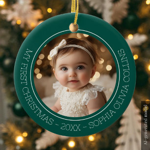 Baby's First Christmas Green Modern Photo Newborn Ceramic Ornament
