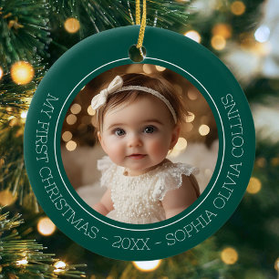 Baby's First Christmas Green Modern Photo Newborn Ceramic Ornament
