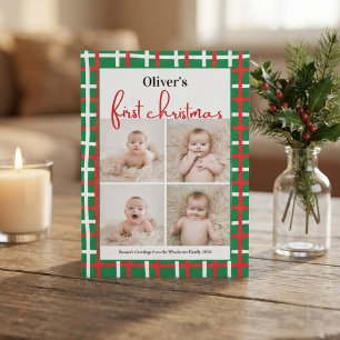 Baby's First Christmas Green Plaid 4 Photo Card