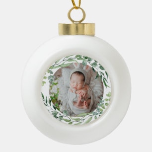 Baby's first christmas green plant frame  ceramic ball christmas ornament
