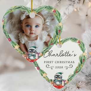 Baby's First Christmas – Heart & Penguin Photo Ceramic Ornament