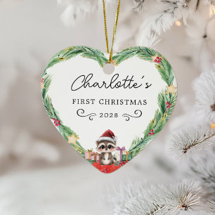 Baby's First Christmas–Heart & Racoon Ceramic Ornament