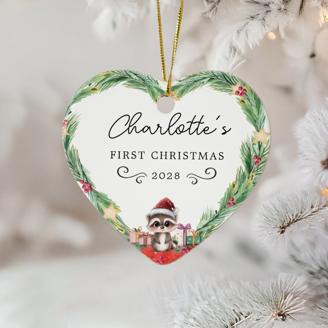 Baby's First Christmas–Heart & Racoon Ceramic Ornament (Baby's First Christmas–Heart & Racoon Ceramic Ornament)